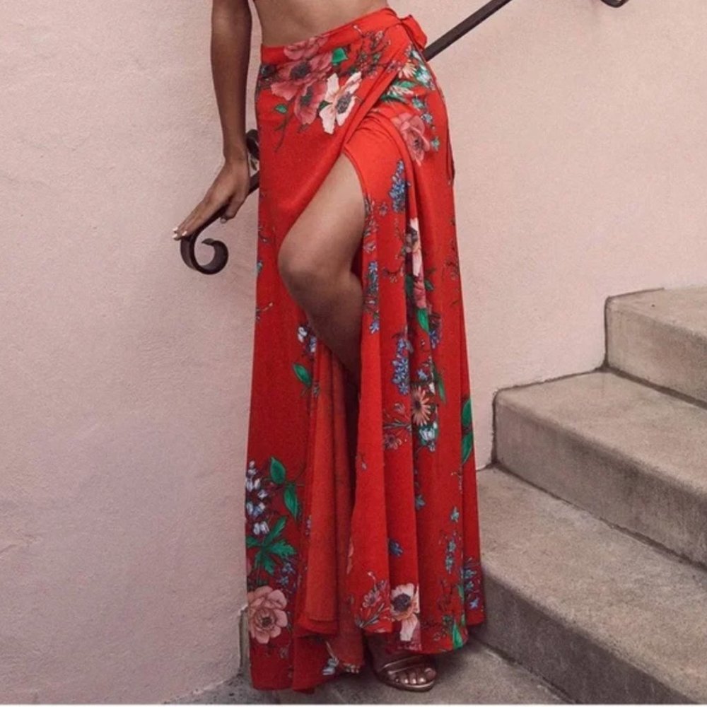 Lulu's Bloom With A View Red Floral Wrap Maxi Skirt